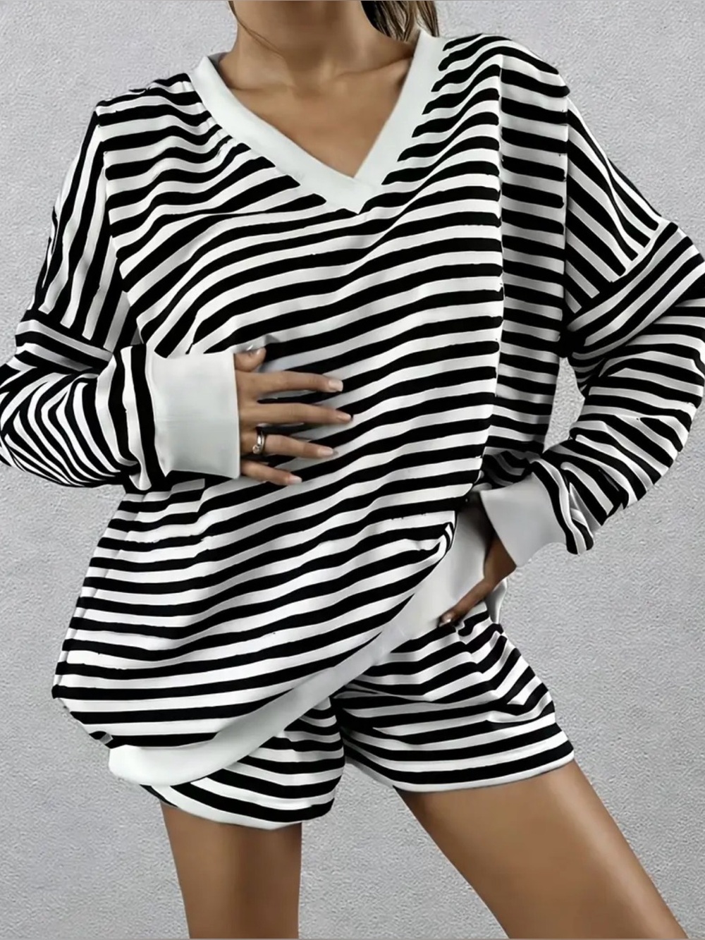Striped V-Neck Lounge Set - Black & White